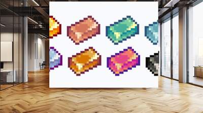 Different metal ingots pixel art set. Crafting material, metallurgy collection. 8-bit sprite. Game development, mobile app.  Isolated vector illustration. Wall mural