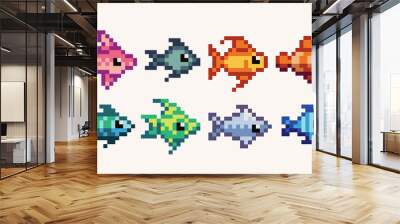 Tropical, exotic fishes pixel art set. Different underwater colorful creatures collection. 8 bit sprite. Game development, mobile app.  Isolated vector illustration. Wall mural