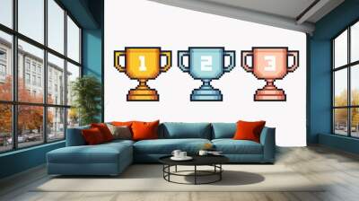 Winner cups, trophy pixel art set. Achievement reward, first place prize collection. 8-bit sprite. Game development, mobile app. Isolated vector illustration. Wall mural