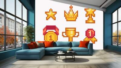 Winner cups, trophy pixel art set. Achievement reward, first place prize collection. 8-bit sprite. Game development, mobile app. Isolated vector illustration. Wall mural