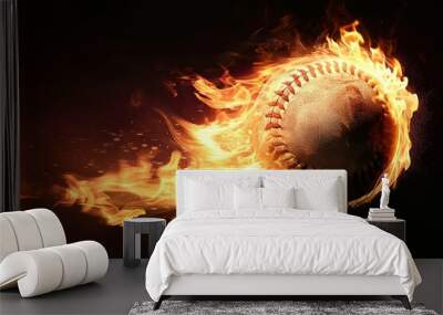 Burning baseball with bright flame flying on black background  Wall mural