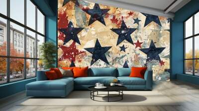 Blue and red stars on beige background in a distressed and painterly style, conveying a sense of patriotism and nostalgia. Wall mural