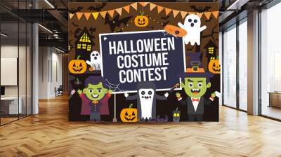 Cute  Halloween costume contest  characters  in  black, orange  and  green  for  holiday  celebration. 
 Wall mural