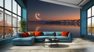 Crescent Moon and Star Seaside Night Islam Religion Spiritual Symbol - Generative AI Wall mural