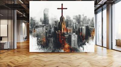 Cross City Crossroads Christianity Religion Spiritual Symbol - Generative AI Wall mural