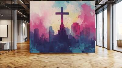 Cross City Crossroads Christianity Religion Spiritual Symbol - Generative AI Wall mural