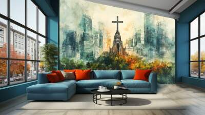 Cross City Crossroads Christianity Religion Spiritual Symbol - Generative AI Wall mural