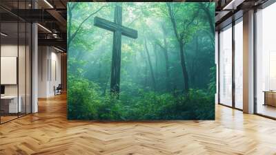 Cross Forest Chapel Christianity Religion Spiritual Symbol - Generative AI Wall mural