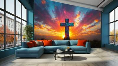 Cross Sunset Serenity Christianity Religion Spiritual Symbol - Generative AI Wall mural