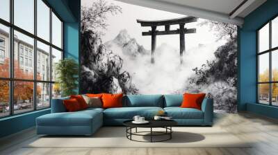 torii gate mountain pass shinto religion spiritual symbol Wall mural