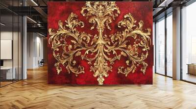 Ornate gold design on red background. Wall mural