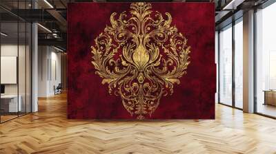 Ornate gold design on red background. Wall mural