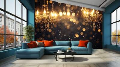 Two crystal chandeliers light up dark background with bokeh. Wall mural