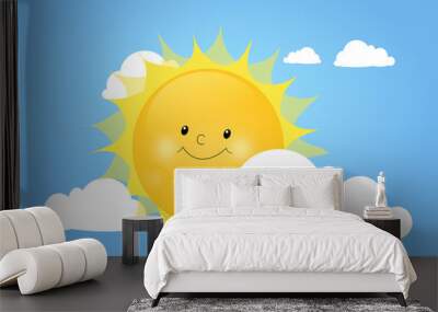 Cute sun behind white cloud Wall mural