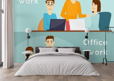 Business characters. Co working people, meeting, teamwork, collaboration and discussion, conference table, brainstorm. Workplace. Office life. Banners. Flat design vector illustration. Wall mural