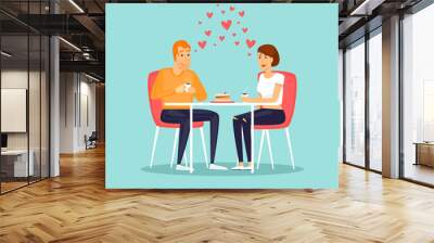 February 14. Lovers in a cafe eating a cake. Flat vector illustration in cartoon style.  Wall mural