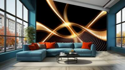 Gold modern waves on black background with round halftone futuristic design. Wall mural