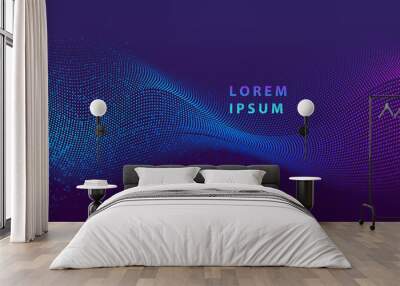 Particle liquid dots glowing abstract background. Neon explosion splash surface shapes design. Modern cyber light data technology and science vector. Wall mural