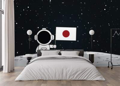 Japan astronaut landed on moon and hold flag of Japan in his hand. Vector illustration.	 Wall mural