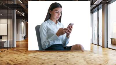 Professional female employee or a businesswoman using a laptop in a modern office. Young happy busy business woman executive using laptop mobile cell phone tech at office Wall mural