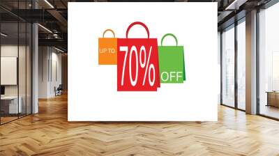 Sale banner white text on colorful shopping bags, 70 percent off Wall mural