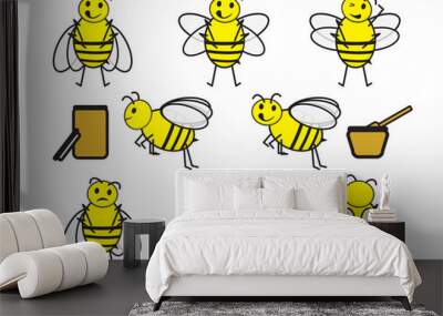 Set of cute cartoon bees and and honey jars on white background Wall mural