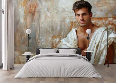 Handsome Man in White Robe Posing Against a Textured Wall Wall mural