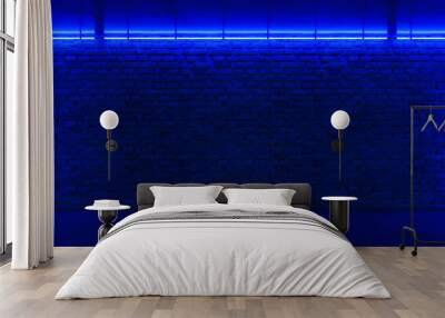 Brick wall, background, blue neon light. Wall mural