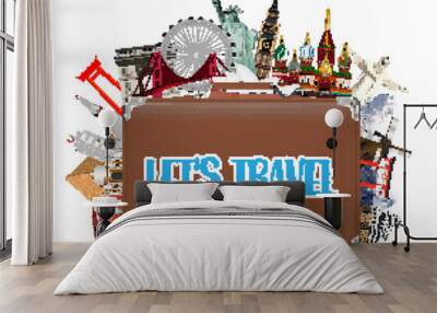 suitcase travel bag with world travel landmark Wall mural