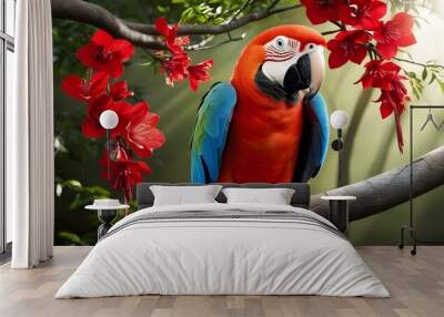 A beautiful Red parrot perched on a tree branch Wall mural