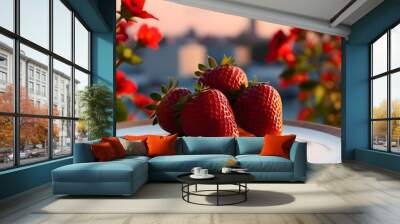 Realistic delicious fresh Strawberry on a plate Wall mural