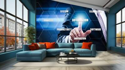 business, technology, internet concept on hexagons and transparent honeycomb background. Businessman pressing automation on virtual screen Wall mural