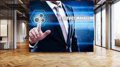 Business, technology, internet concept on hexagons and transparent honeycomb background. Businessman  pressing button on touch screen interface and select  it service management Wall mural