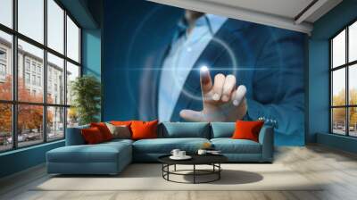 Businessman pressing button. Innovation technology internet business concept. Space for text Wall mural