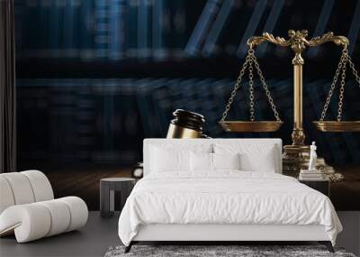 Law Legal System Justice Crime concept. Mallet Gavel Hammer and Scales on table. 3d Render illustration Wall mural