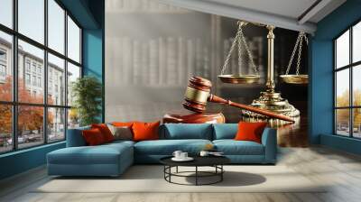 Legal concept: Scales of justice and and the judge's gavel hammer as a symbol of law and order on the background of books Wall mural