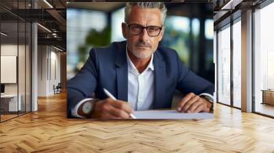 Portrait of successful mature financier, senior businessman with beard and glasses looking at camera, man working inside office on paper work, investor satisfied with result. Generative ai. Wall mural