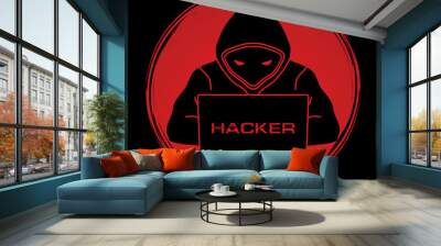 Hacker working on laptop designed on grunge circle background graphic vector. Wall mural