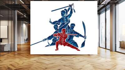 Kung Fu fighter with weapons, Martial arts action pose cartoon graphic vector. Wall mural