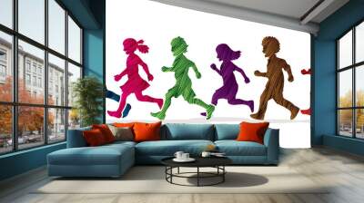 Little boy and girl running, Group of Children running, play together designed using colorful grunge brush graphic vector Wall mural