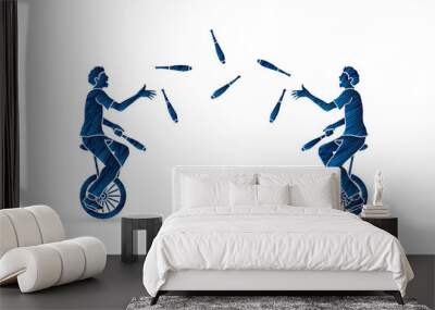 Men juggling pins while cycling together designed using grunge brush graphic vector. Wall mural