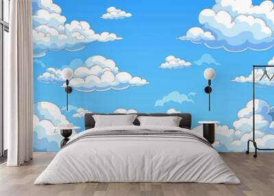 Cute white cartoon clouds on bright blue summer sky vector background illustration Wall mural