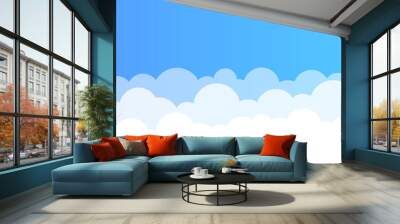 Cute white cartoon clouds on bright blue summer sky vector background illustration Wall mural