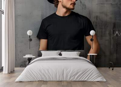 Handsome male in cowboy hat wearing blank black t shirt as a mockup for printing Wall mural