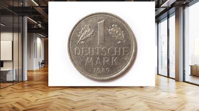 Frontal view of the obverse (heads) side of a a 1 Deutsche Mark (DM) coin minted in 1989. Depicted is the denomination of the coin between Oak leaves. Isolated on white background. Wall mural