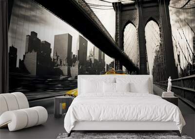 New York Yellow Cab Taxi On The Bridge - Illustration, Wallpaper  Wall mural