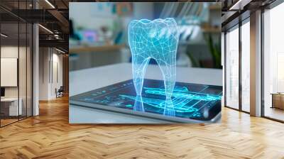  projection of a tooth displayed on a tablet in a modern dental office, dental technology and the future of dentistry. innovation in medical technology, futuristic healthcare solutions. Wall mural