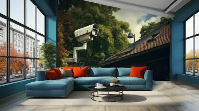 A security camera, overlooking from its high vantage point, ensures the monitoring of a property against a cloudy sky. It's ideal for security service advertisements. Wall mural