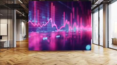 a vivid financial chart displaying fluctuating market data in neon pink and blue hues, reflecting th Wall mural