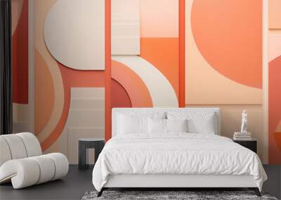 An 3D geometric abstraction art in peach fuzz color palette. Different orange white round and square shapes. Modern art. Wall mural